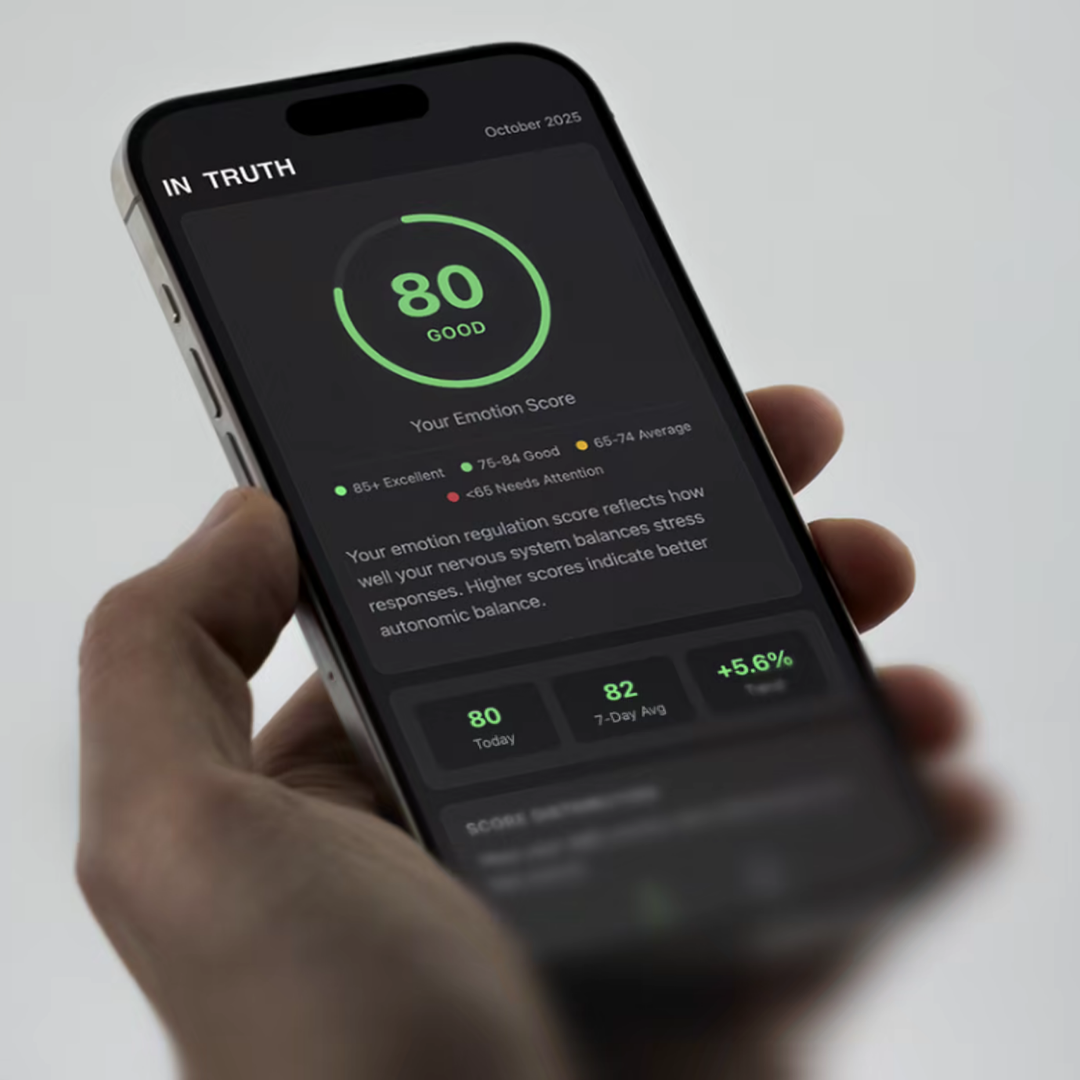 InTruth biometric app showing an emotion score of 80 on a mobile device